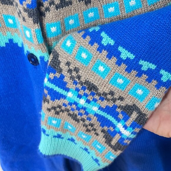 Talbots Petites Blue Fair Isle Cardigan Sweater Lp 70% Nylon 30%‎ Lambswool - Picture 4 of 5